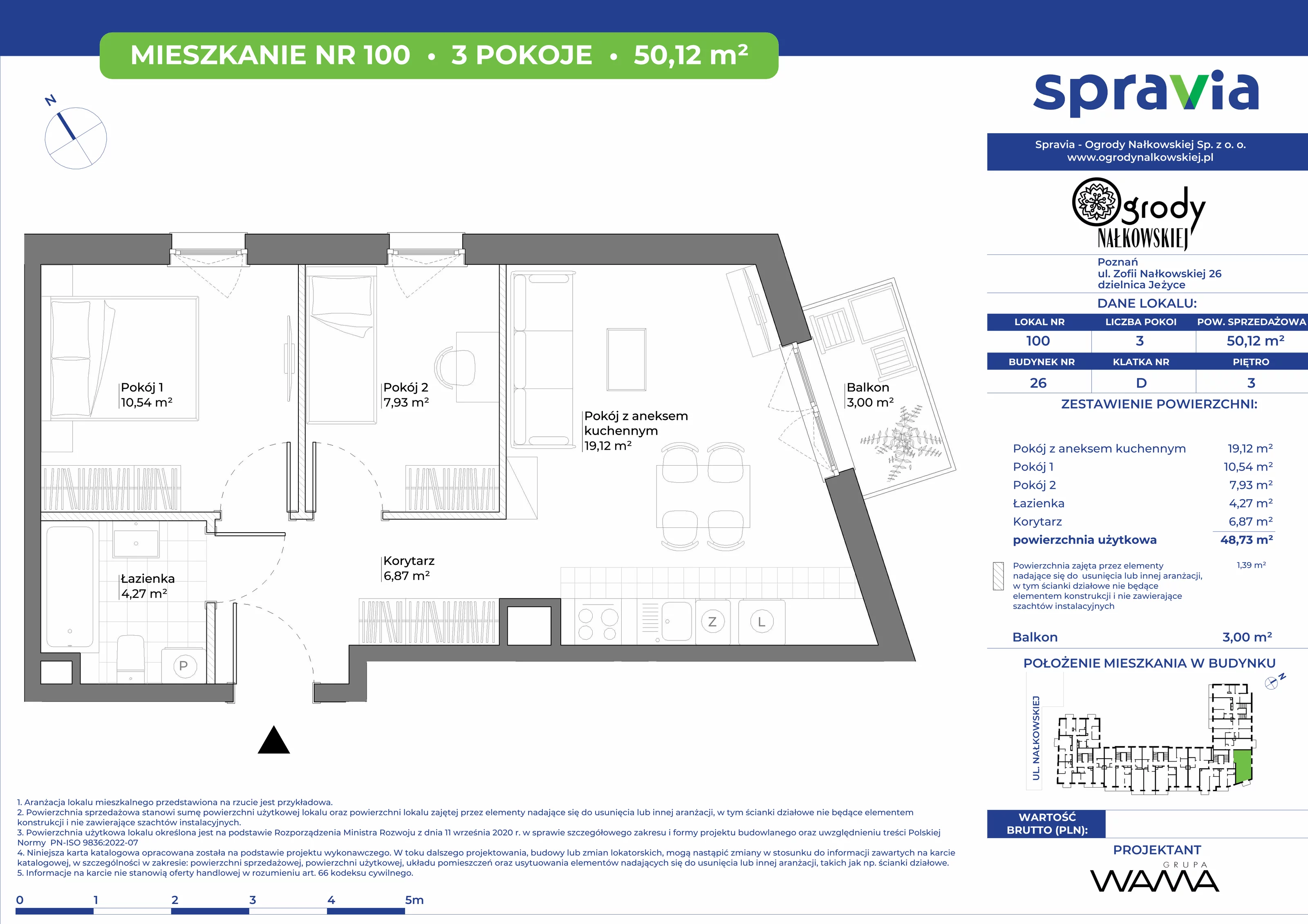 3 pokoje, mieszkanie 50,12 m², piętro 3, oferta nr 26-100, Ogrody Nałkowskiej, Poznań, Ogrody, ul. Nałkowskiej 24, 26